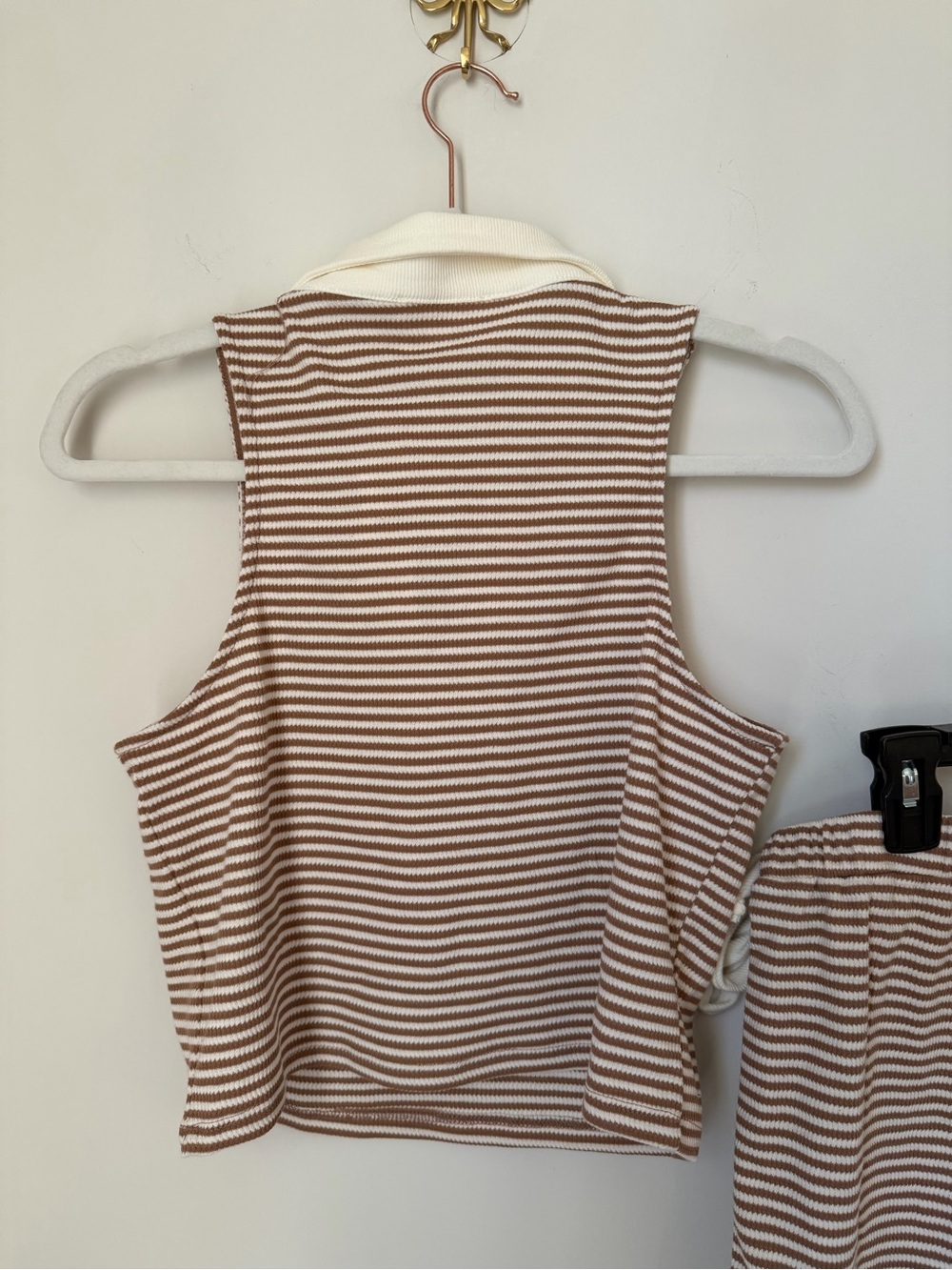 Cream brown Striped Knit Polo Tank top & wrap Skort two piece Set - Picture 7 of 7